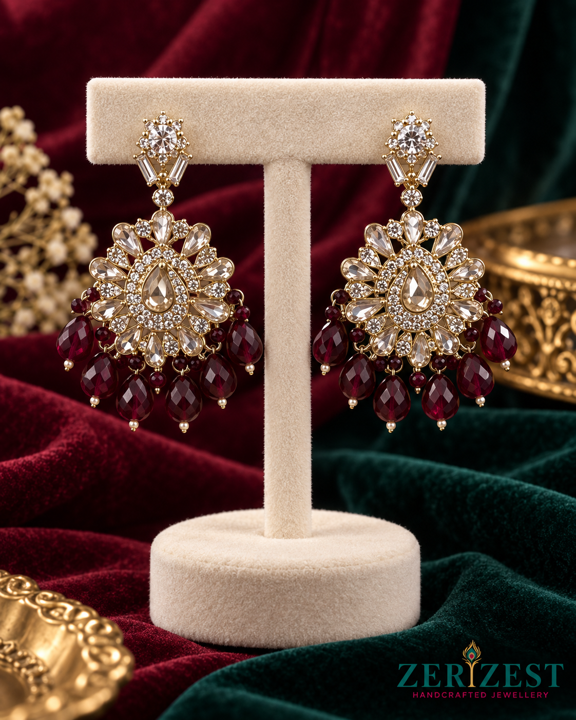 ZERIZEST Maroon Peacock Chandelier Earrings