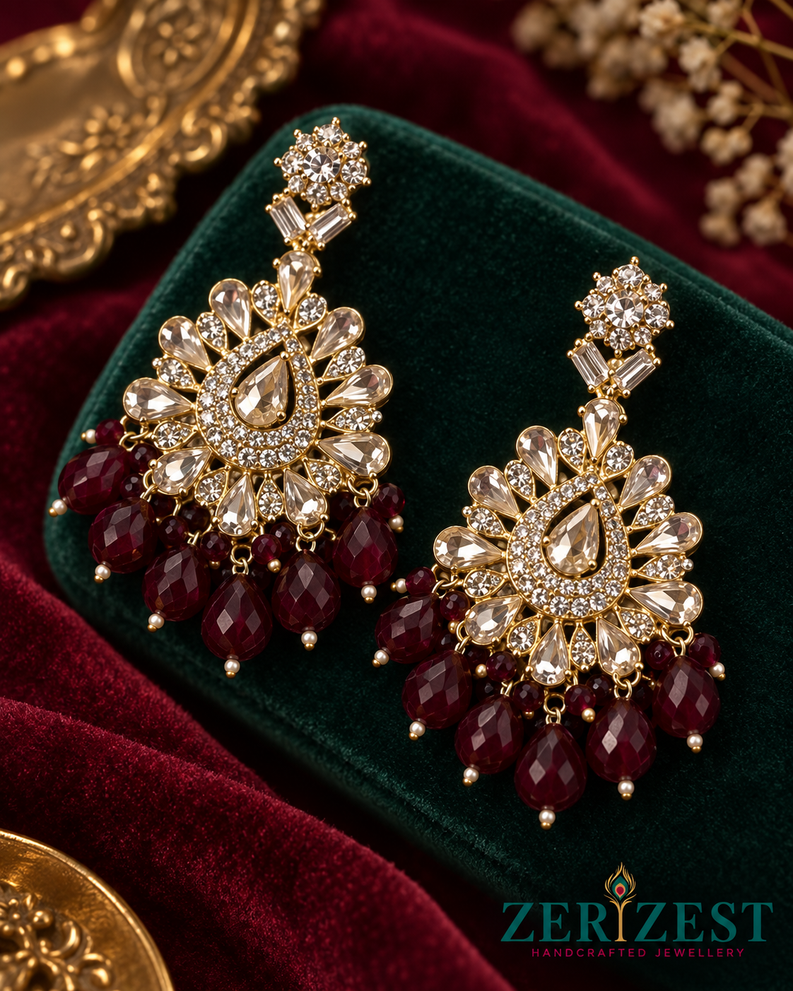 ZeriZest maroon peacock earrings packed for display and dispatch