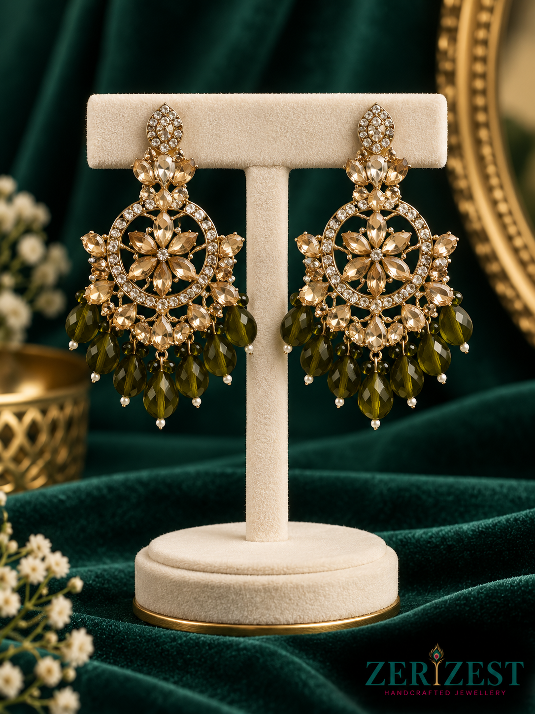 ZERIZEST Olive Green Bead Chandelier Earrings