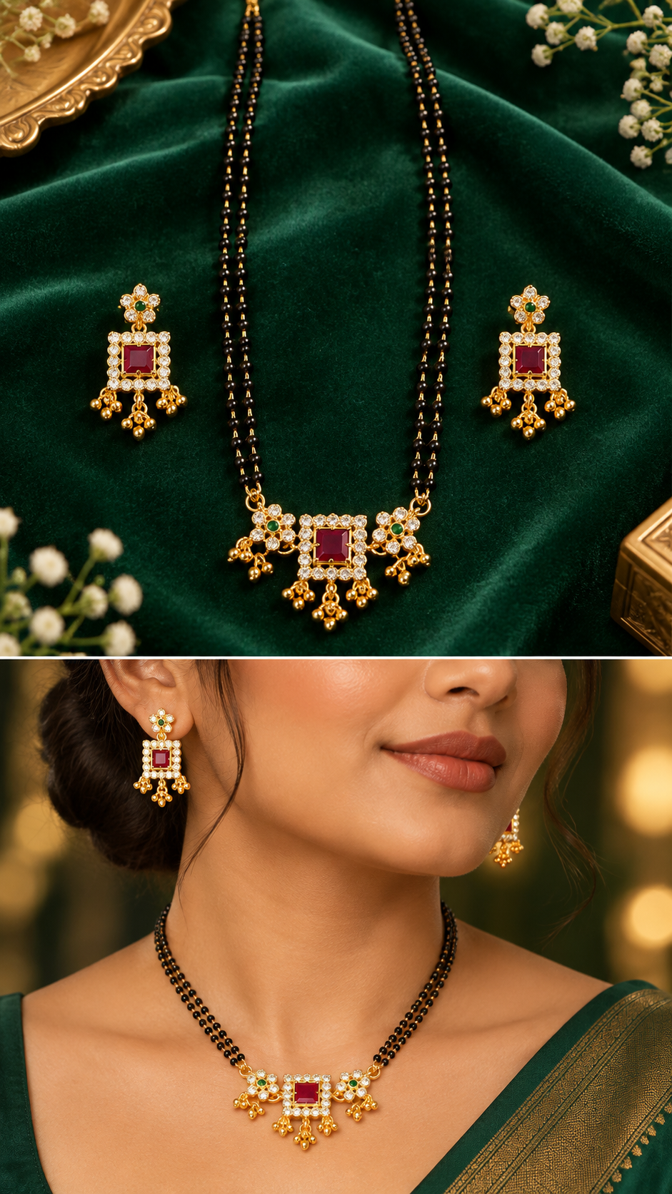 ZERIZEST Double-Strand Red Square Mangalsutra Set