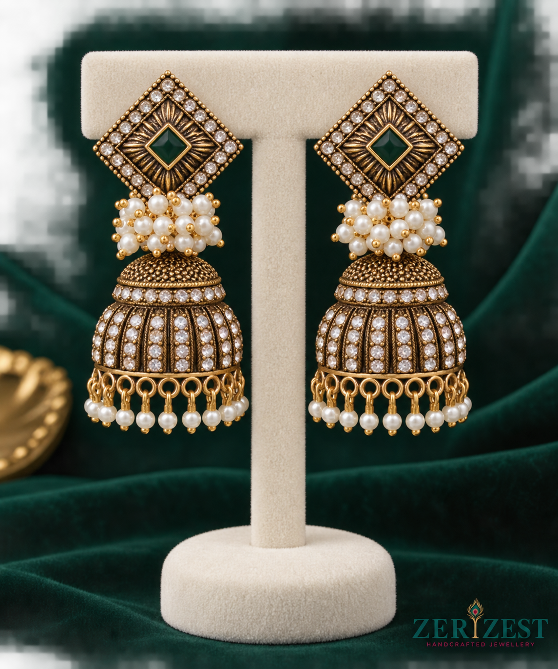 ZERIZEST Green Square Ribbed Jhumkas