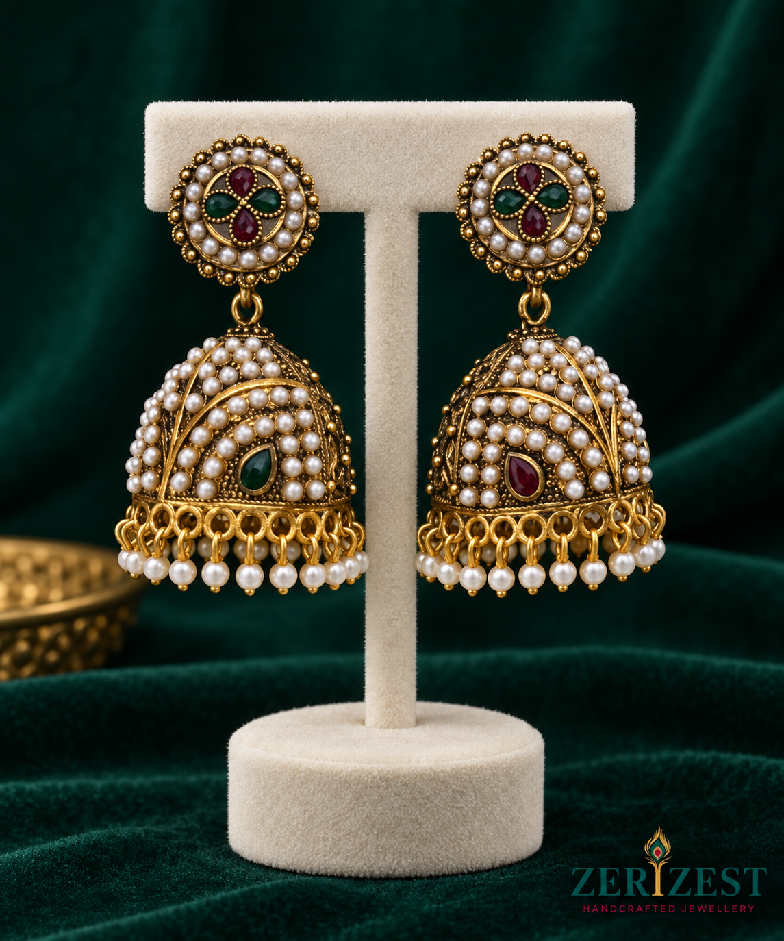 ZERIZEST Red and Green Pearl Dome Jhumkas