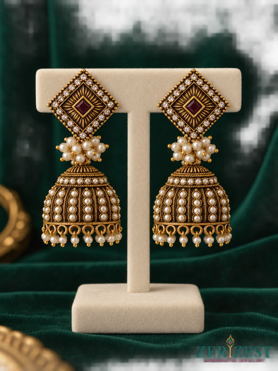 ZERIZEST Maroon Square Ribbed Jhumkas