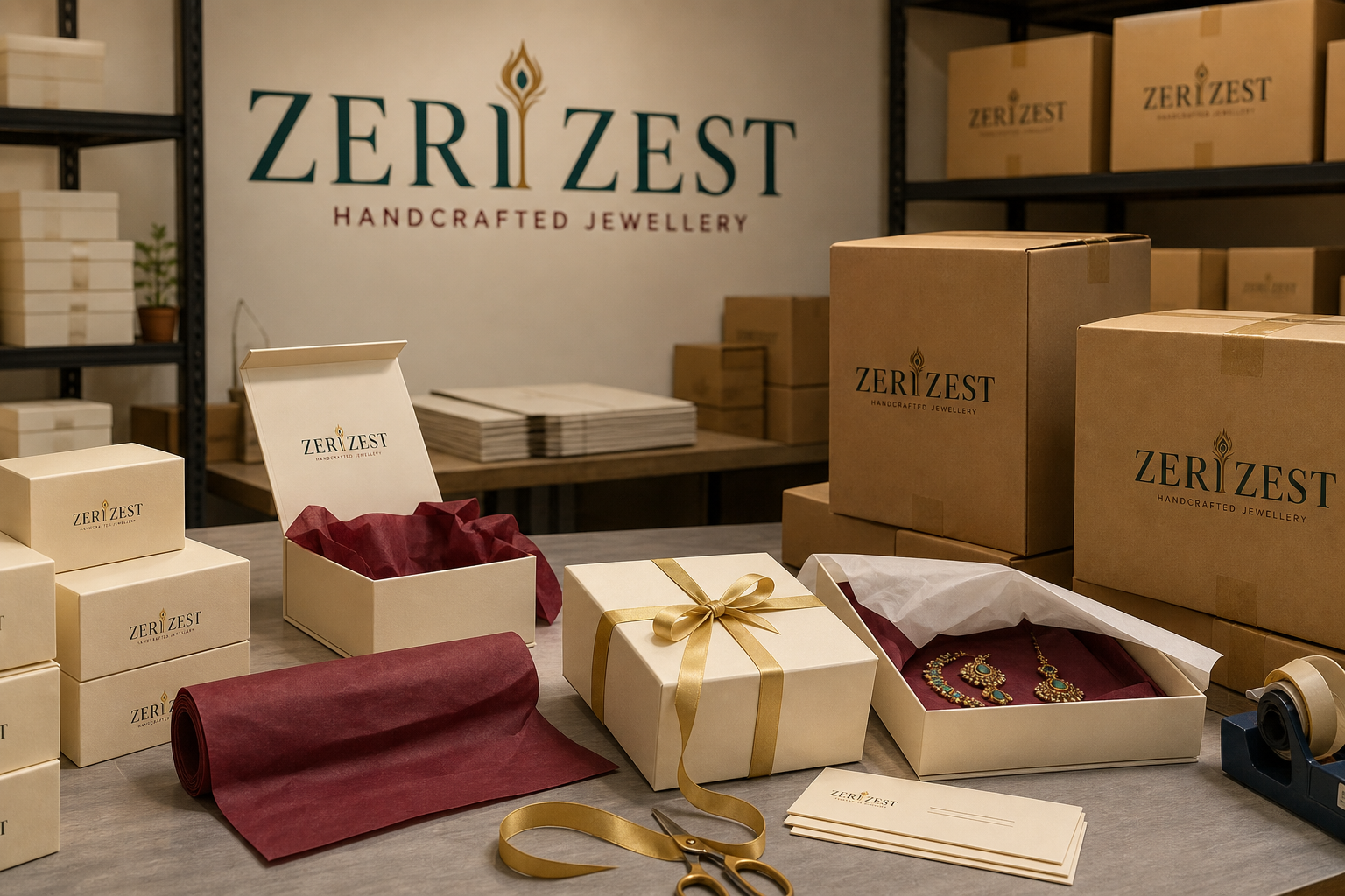 ZeriZest warehouse packing station with branded jewellery boxes
