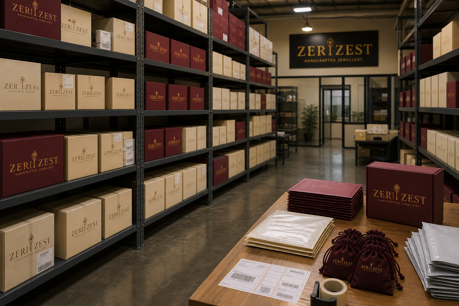 ZeriZest warehouse shelves with branded export cartons